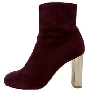 Celine Suede Mid Calf Boots‎ 37.5 Burgundy Silver Block Heel Made in Italy